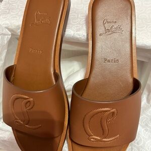 Christian Louboutin CL Mule flat brown leather logo slide slip on sandals